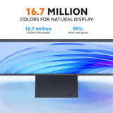 Black desktop monitor with slim bezels and base, displaying bright blue color waves