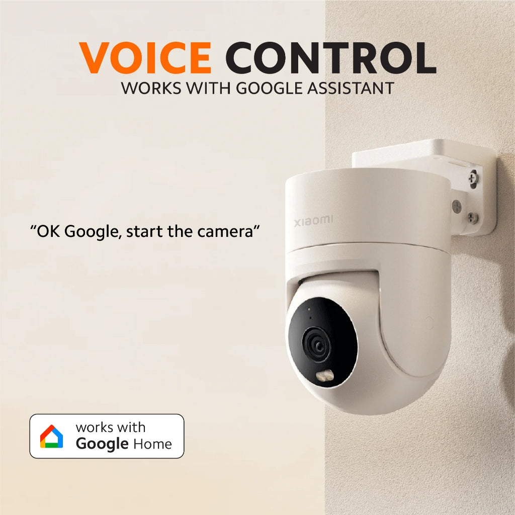 Outdoor security camera voice control feature graphic with wall-mounted white camera