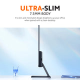 Ultra-slim black desktop monitor standing profile with narrow frame and base