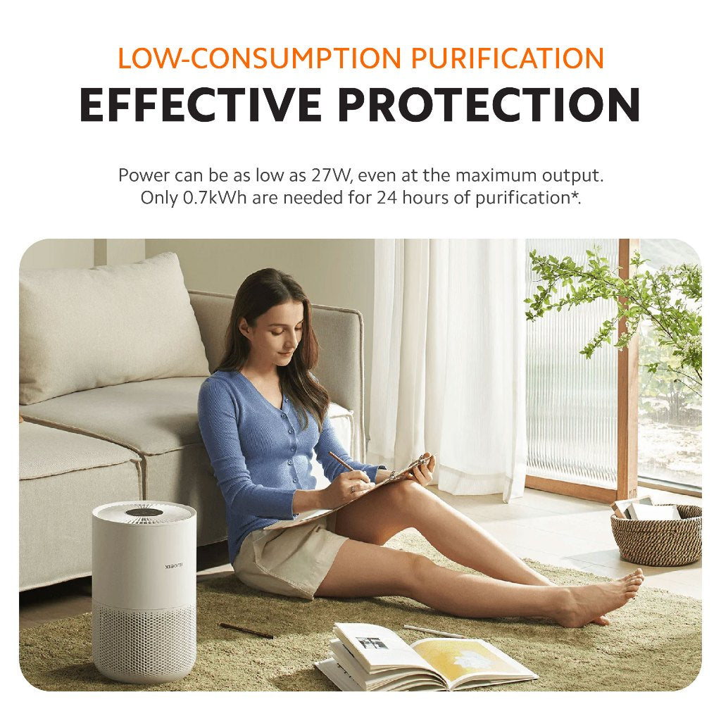 White compact air purifier on floor near a seated person, low-consumption operation.