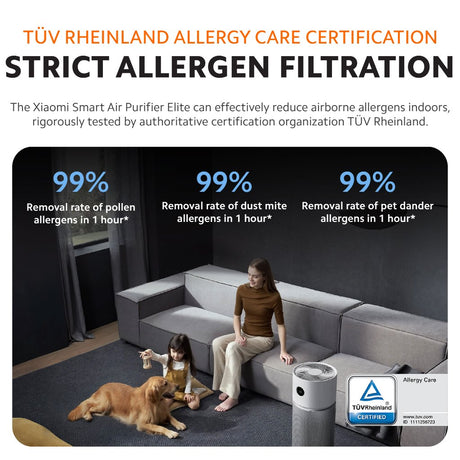 White air purifier with strict allergen filtration badge overlay