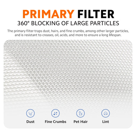 White pleated primary filter panel with dust-capture pattern and small icons