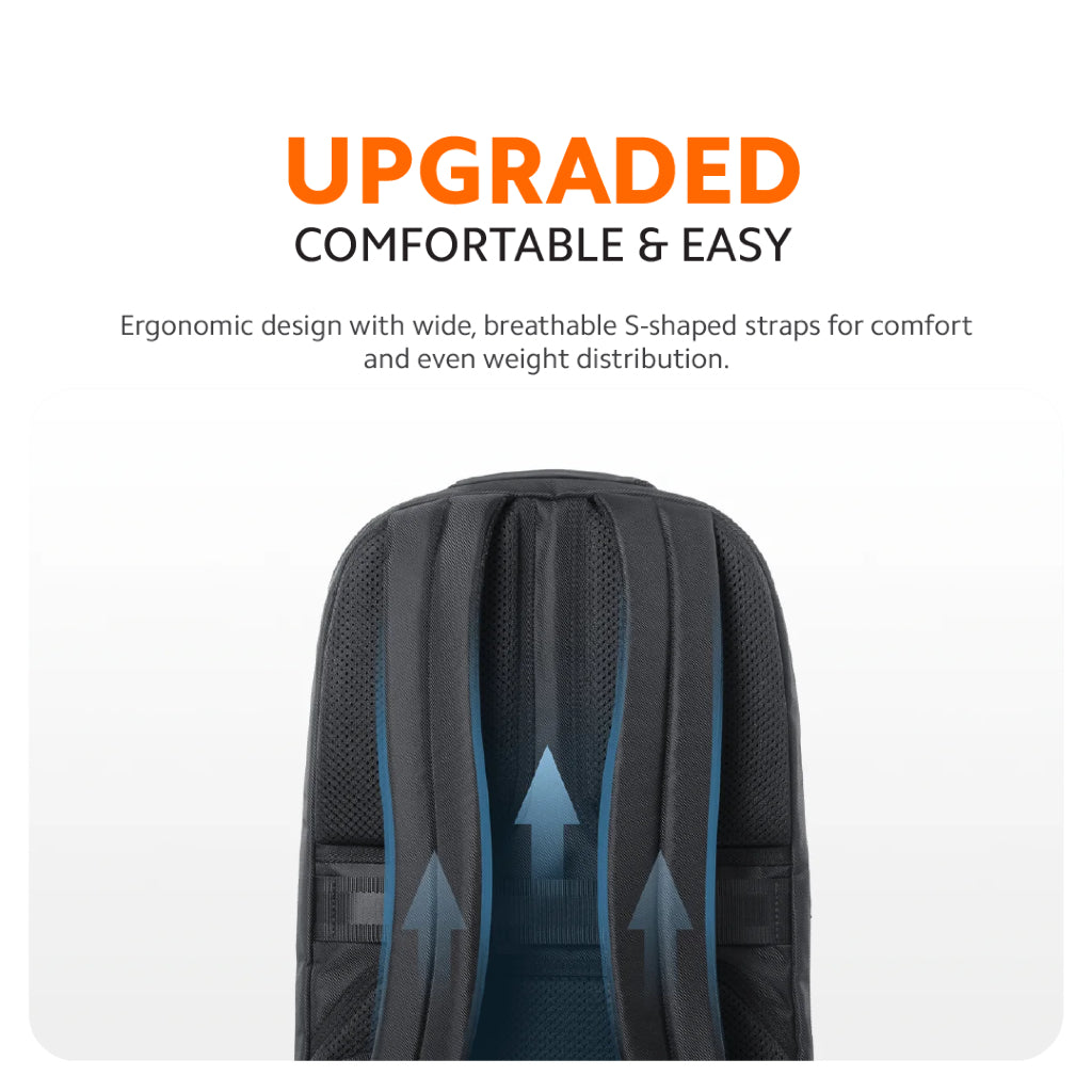 Black backpack with breathable S-shaped padded shoulder straps.