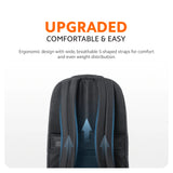 Black backpack with breathable S-shaped padded shoulder straps.