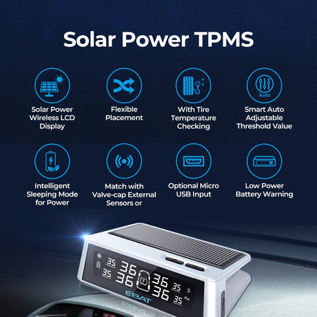 Solar-powered TPMS device with LCD screen and built-in solar charging panel