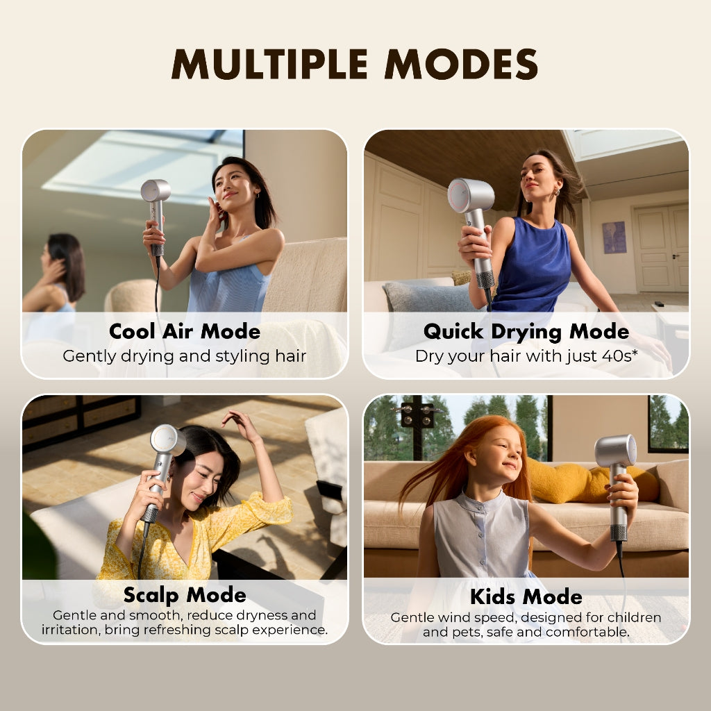 High-speed hair dryer shown with cool air, quick drying, and kids mode panels