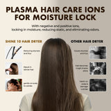 High-speed hair dryer featured in an infographic for plasma ions and moisture lock