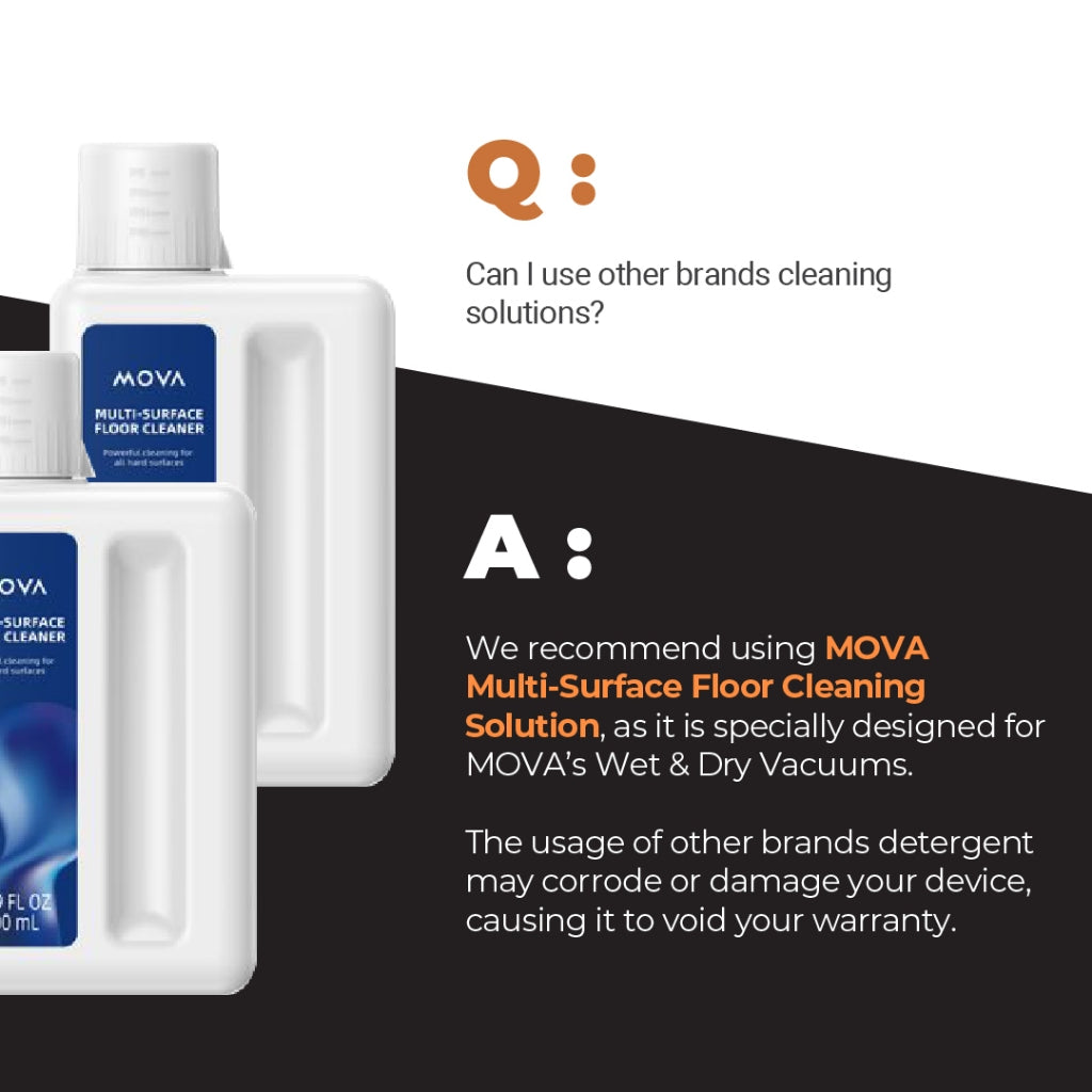 MOVA multi-surface floor cleaner bottles shown with usage warning text