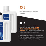 MOVA multi-surface floor cleaner bottles shown with usage warning text