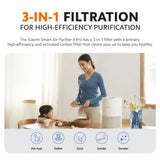 White compact air purifier on tabletop near people, labeled for 3-in-1 filtration.