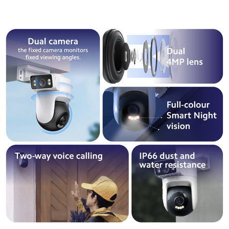 Dual outdoor security camera with two lenses and white housing shown in panel