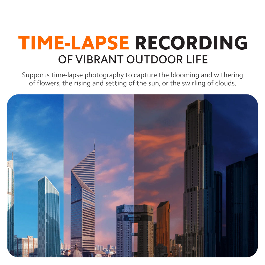 Outdoor security camera time-lapse recording feature banner with city skyline scenes