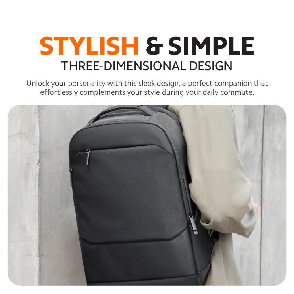 Black backpack angled view with front zip pocket and padded shoulder straps.