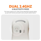 Off-white wireless mouse rear view with buttons and scroll wheel