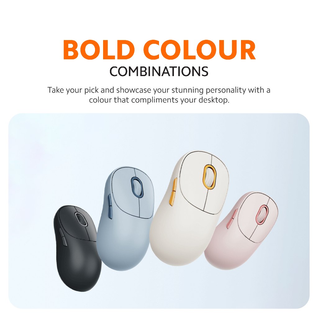 Wireless mouse set: blue, off-white, pink, and dark side views