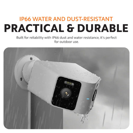 White outdoor dual-view security camera in water-spray test for IP66