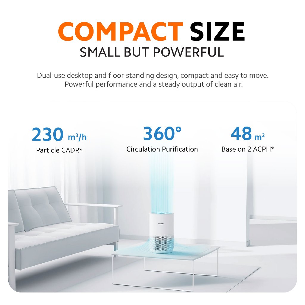 White compact air purifier on floor in a small-size placement view.