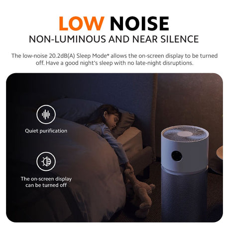 White smart air purifier with circular display, shown in quiet sleep mode
