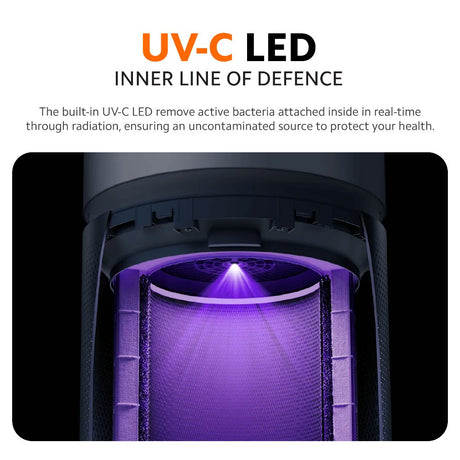 Air purifier with UV-C LED light glowing inside the top chamber