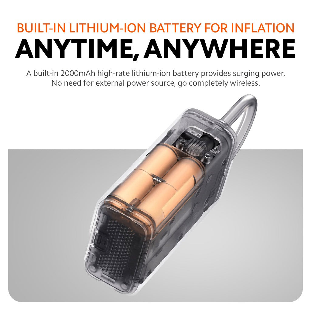 Portable air compressor battery compartment with lithium-ion cells, transparent cover