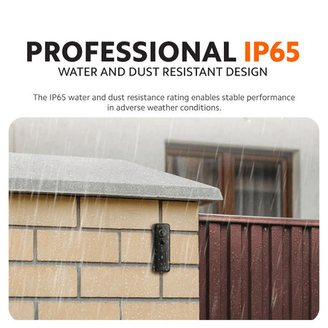 Smart doorbell IP65 rating infographic with rain and dust resistant doorbell
