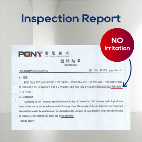 Inspection report document with 'No irritation' badge