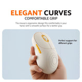 Off-white wireless mouse with orange side accents, held in a hand