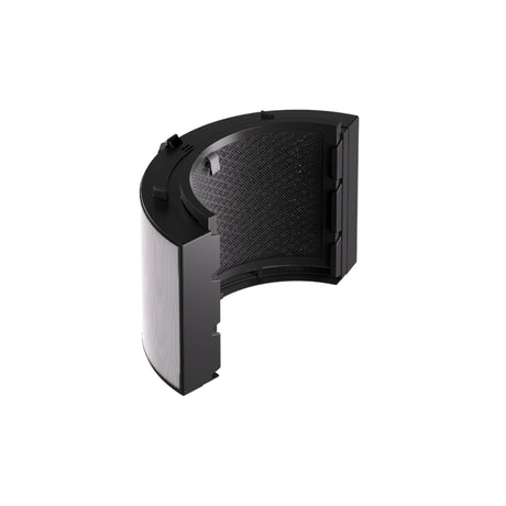 Angled air purifier replacement filter with white pleated media and black plastic frame