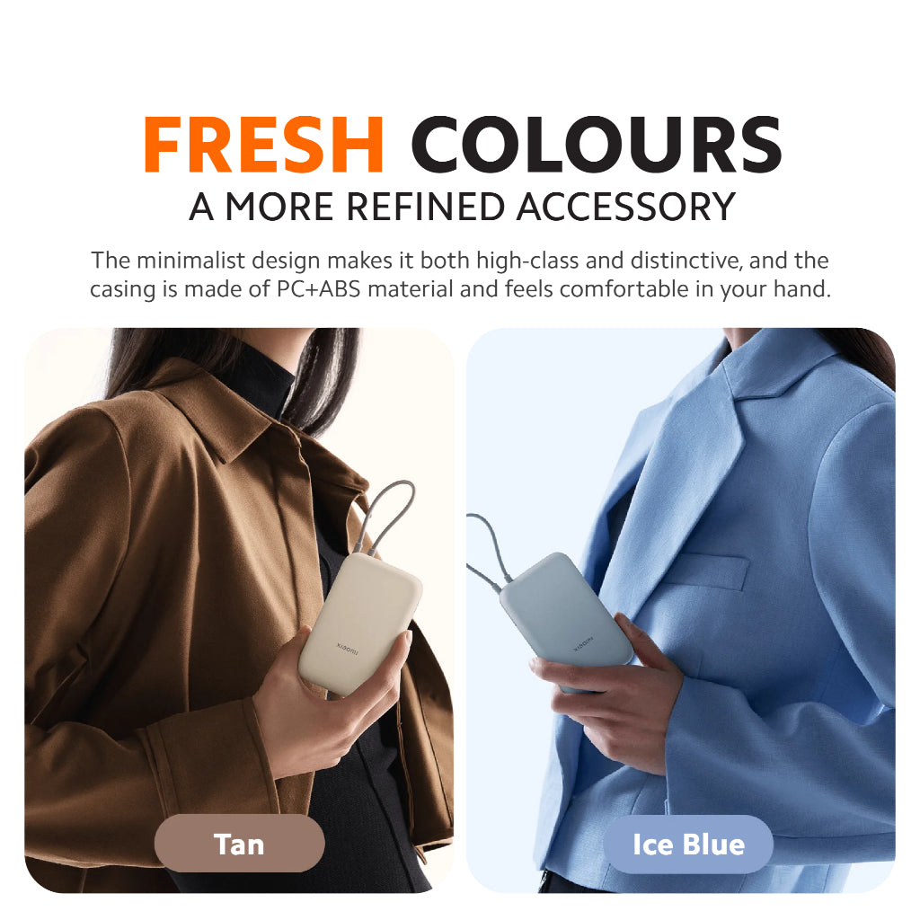 Tan and ice blue power banks with integrated cables for hand-held charging
