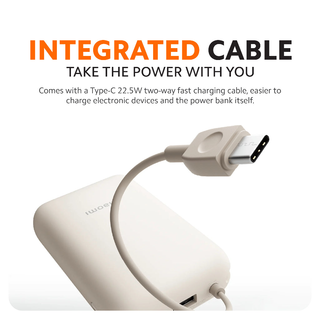 Tan power bank with integrated cable connector, Type-C plug end visible