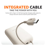 Tan power bank with integrated cable connector, Type-C plug end visible