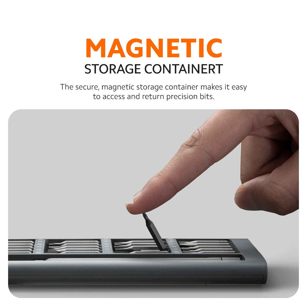 Magnetic precision bit storage container with a bit being inserted by hand