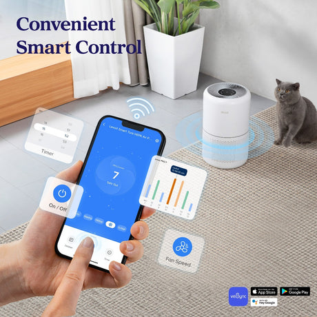 White Levoit smart air purifier with front grille, controlled on smartphone