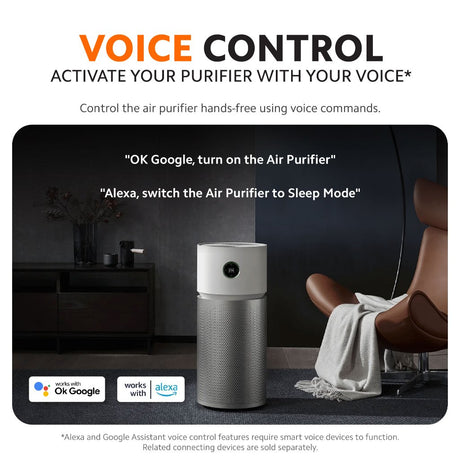 White smart air purifier with top control and voice-command activation