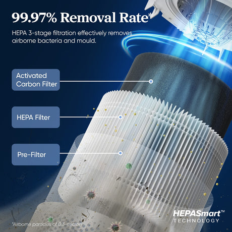 White Levoit air purifier with top vents and HEPA filter layer cutaway graphic