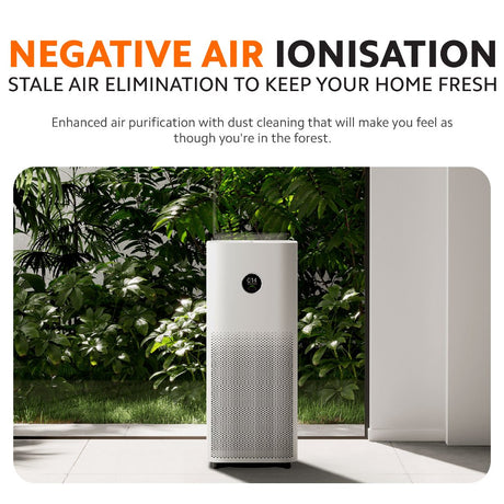 White air purifier standing near indoor plants with circular OLED display.