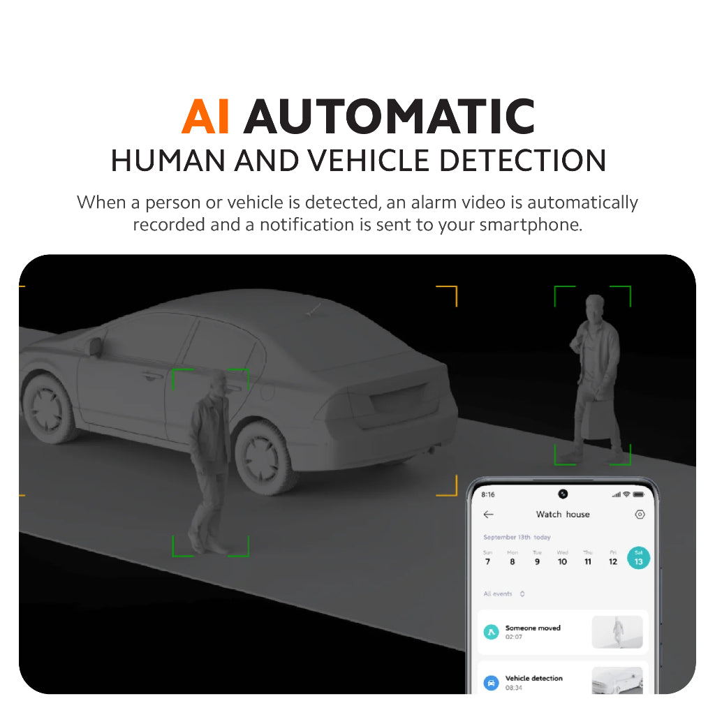 Outdoor security camera AI detection banner showing person and vehicle detection overlay