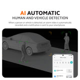 Outdoor security camera AI detection banner showing person and vehicle detection overlay