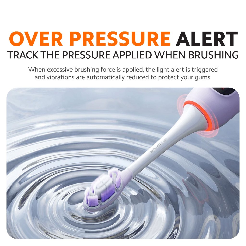Purple electric toothbrush with pressure-alert light, bristle head in water