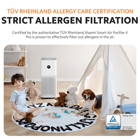 White air purifier in a room with pets, featuring a circular OLED display.