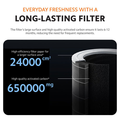 Activated carbon filter for an air purifier with layered filter media.