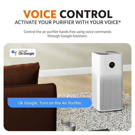 White air purifier near sofa on rug with circular OLED display.
