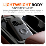 Black portable air compressor with round power button and digital display