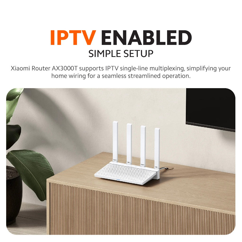 Wi‑Fi router IPTV-enabled infographic with four antennas on a desk
