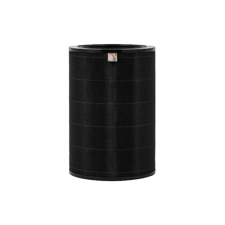 Compact view of black cylindrical replacement air filter with textured surface and top rim