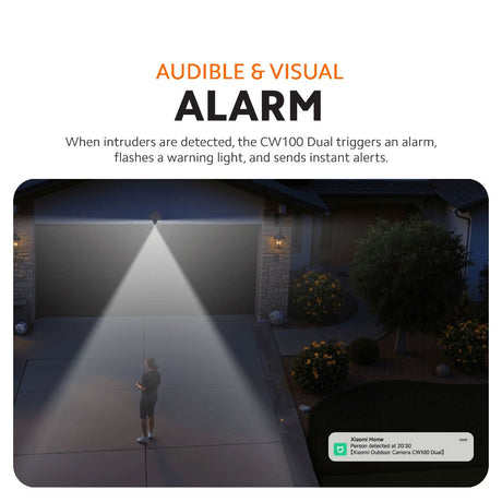 Outdoor dual-view security camera alarm promotional graphic with detection light beams