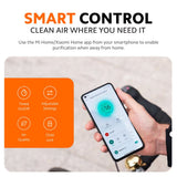 White compact air purifier next to smartphone showing air-quality control screen.
