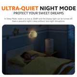 White compact air purifier on bedside table, shown for sleep mode use.
