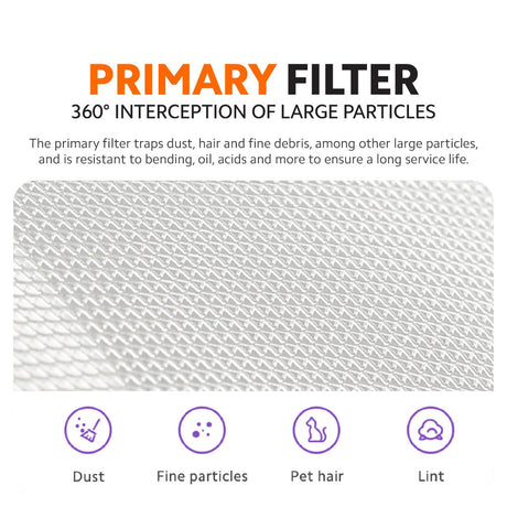 Primary filter feature graphic showing 360° interception of large particles