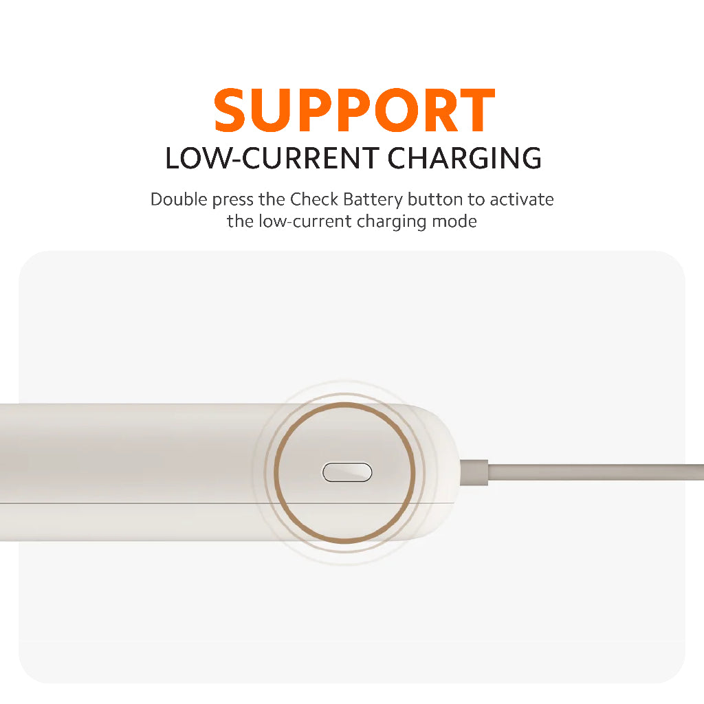 Power bank with central button and integrated cable extending from top